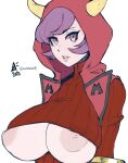  2021 areolae aurahack breasts courtney_(pokemon) dated highres hood hoodie horns huge_breasts large_areolae lips nipples pokemon pokemon_(game) pokemon_rse purple_hair short_hair signature simple_background twitter_username underboob white_background 