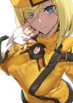  1girl ashiomi_masato blonde_hair blue_eyes close-up commentary_request dress eyebrows_visible_through_hair eyes_visible_through_hair fingerless_gloves gloves guilty_gear guilty_gear_xrd hand_on_own_chin hat highres millia_rage short_hair smile solo white_background yellow_dress yellow_headwear 