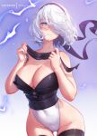  1girl alternate_costume ass_visible_through_thighs black_hairband blindfold_removed blue_eyes blush breasts cleavage covered_navel hair_over_one_eye hairband large_breasts leotard mitsu_(mitsu_art) mole mole_under_eye mole_under_mouth nier_(series) nier_automata no_blindfold parted_lips thighs white_hair white_leotard yorha_no._2_type_b 