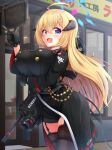  absurdres ahoge akari_(blue_archive) assault_rifle black_legwear blonde_hair blue_archive blue_eyes blurry blurry_background breasts chuuten_(clam_chowder) commentary_request gloves gun h&amp;k_hk416 hair_ornament halo highres horns large_breasts looking_at_viewer pointing rifle thighhighs weapon 
