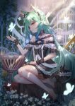  1girl animal_ears bangs bare_shoulders blush bug butterfly cat_ears dress eyebrows_visible_through_hair fuyouchu green_hair hair_ornament highres hololive insect long_hair looking_at_viewer open_mouth red_eyes skull_hair_ornament solo uruha_rushia virtual_youtuber 