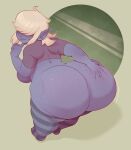  absurd_res bent_over big_breasts big_butt blonde_hair blue_body bottomless breasts butt clothed clothing dabbledraws female goblin hair hair_over_eyes hi_res holding_butt huge_butt humanoid legwear not_furry shirt solo thick_thighs thigh_highs topwear 