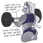  anthro barbell bayleyheart canid canine dialogue exercise female grey_body hair hi_res mammal scar simple_background weightlifting white_background white_hair workout 