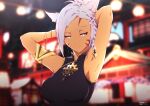  1girl absurdres animal_ears armlet armpits arms_up blurry blurry_background bracelet braid breasts cat_ears china_dress chinese_clothes commission dark_skin dark_skinned_female dress earrings facial_mark final_fantasy final_fantasy_xiv grey_eyes grey_hair half-closed_eyes highres jewelry looking_at_viewer medium_breasts miqo&#039;te nenaosu second-party_source short_hair sleeveless smile solo upper_body whisker_markings 