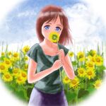  1girl bangs blue_eyes blue_sky brown_hair chutohampa cloud cloudy_sky cowboy_shot flower green_shirt holding holding_flower leaf long_hair looking_at_viewer original shirt short_sleeves signature sky solo sunflower yellow_flower 