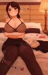  1girl bed blush bra breast_lift breasts condom crossed_arms haru_no_manji highres inverted_nipples jewelry lamp long_hair necklace office_lady original pantyhose pencil_skirt see-through shirt skirt solo steaming_body sweat translation_request underwear 