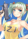  1girl bangs blue_background blush bosshi breasts camisole closed_mouth collarbone covered_nipples fang girls_frontline green_eyes green_hair gun highres holding holding_gun holding_weapon large_breasts long_hair looking_at_viewer micro_uzi micro_uzi_(girls_frontline) simple_background skin_fang solo twintails upper_body weapon yellow_camisole 