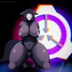  absurd_res anthro belly big_breasts black_body black_breasts black_hair breasts cute_expression ears_down exposed_breasts female genitals girly grey_nipples hair hi_res hindpaw kneeling logo mesoplush navel nipples paws pivoted_ears pussy scp-1471 scp-1471-a scp_foundation solo static thick_thighs white_eyes 