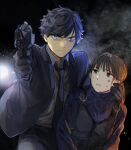  01mms01 1boy 1girl black_background black_hair blood blue_eyes body_armor brown_eyes brown_hair formal fuwa_isamu gun holding holding_gun holding_person holding_weapon kamen_rider_01_(series) looking_at_viewer necktie pointing pointing_at_viewer ponytail shirt short_hair smoke suit weapon yaiba_yua 