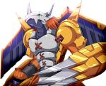  armor breastplate brown_hair claws clenched_hand commentary_request digimon digimon_(creature) digimon_adventure from_side green_eyes helmet horns looking_up pandacross simple_background solo wargreymon white_background wings 