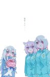  3girls :3 :d animal_ear_fluff animal_ears blue_pants blue_shirt blush breasts buttons cat_ears cat_girl collared_shirt commentary_request furoshiki hair_between_eyes hair_ornament hair_ribbon hairclip holding hololive jacket kamioka_chiroru_(vtuber) long_hair long_sleeves messy_hair multiple_girls nekomata_okayu nijisanji obentou open_mouth original pants partial_commentary prison_clothes purple_eyes purple_hair red_eyes ribbon shiina_yuika shirt short_hair silver_eyes silver_hair smile sweatshirt tag tareme tokomichi translated tsurime virtual_youtuber white_background white_hair 