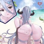  1girl all_fours ass back bangs bare_shoulders beach blue_sky blush breasts brown_eyes draph flower granblue_fantasy hair_between_eyes hair_ornament hand_on_own_ass highres iiros izmir large_breasts leaf long_hair looking_at_viewer mole mole_under_mouth one-piece_swimsuit open_mouth pointy_ears ponytail silver_hair sky snowflake_hair_ornament swimsuit thigh_strap thighs very_long_hair white_swimsuit 