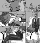  &lt;3 ... 2019 5_fingers anthro anthro_on_anthro antlers beastars bedroom_eyes biped blush canid canine canis cervid cervine clothed clothing comic crotch_sniffing dress_shirt english_text eyelashes eyes_closed fingers fur greyscale head_grab hi_res horn legoshi_(beastars) long_eyelashes louis_(beastars) male male/male mammal mane monochrome multicolored_body multicolored_fur musk narrowed_eyes necktie nekokat42 onomatopoeia red_deer seductive shirt signature size_difference small_dom_big_sub sniffing sound_effects surprise suspenders text thought_bubble topwear two_tone_body two_tone_fur vest watermark wolf 