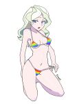  1girl arm_behind_back artist_name bikini_tug blonde_hair blue_eyes blush breasts diana_cavendish eyebrows groin_tendon highres kneeling little_witch_academia looking_at_viewer medium_hair navel open_mouth project-disrubtion rainbow_bikini small_breasts solo thighs trigger_(company) wavy_hair 