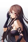  1girl absurdres ar_(3779609928) bare_shoulders breasts brown_hair elbow_gloves expressionless fate/grand_order fate_(series) from_side gloves hand_in_hair highres long_hair looking_at_viewer red_eyes semi-rimless_eyewear sideboob solo under-rim_eyewear upper_body very_long_hair white_background yu_mei-ren_(fate) 
