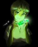  1girl bangs black_background chutohampa emerald_(gemstone) gem glowing green_theme hands_up highres looking_at_viewer original signature simple_background smile solo 