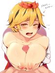  1boy 1girl bare_shoulders blonde_hair breasts collarbone commentary_request eyebrows_visible_through_hair fang hair_between_eyes hekiga_(freelot) hetero highres large_breasts nipples open_mouth paizuri penis short_hair simple_background solo_focus sweat teeth toramaru_shou touhou translated uncensored upper_body white_background yellow_eyes 