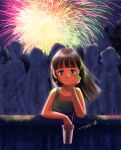  1girl bangs blunt_bangs brown_eyes brown_hair chutohampa cup earrings fireworks glowing hand_up jewelry long_hair looking_at_viewer original shadow signature solo 