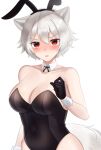  1girl :o alternate_costume animal_ear_fluff animal_ears bangs bare_shoulders black_gloves black_hairband black_leotard black_neckwear blush breasts cleavage covered_navel detached_collar eyebrows_visible_through_hair fake_animal_ears gloves hair_between_eyes hairband hand_up highres inubashiri_momiji kachikachipiroo large_breasts leotard looking_at_viewer nose_blush parted_lips playboy_bunny red_eyes short_hair silver_hair simple_background solo tail touhou upper_body white_background wolf_ears wolf_tail wrist_cuffs 
