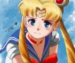  1girl bangs bishoujo_senshi_sailor_moon blonde_hair blue_sailor_collar choker chutohampa crescent crescent_earrings derivative_work diadem earrings hair_over_shoulder heart heart_choker jewelry long_hair parted_bangs red_choker sailor_collar sailor_moon sailor_moon_redraw_challenge screencap_redraw short_sleeves signature solo tsukino_usagi twintails upper_body 