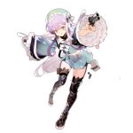  1girl alternate_costume aqua_headwear artist_request black_footwear black_legwear blush boots candy cartridge closed_mouth derringer derringer_(girls_frontline) eyebrows_visible_through_hair floor food girls_frontline gun hair_ornament hair_ribbon handgun highres holding holding_gun holding_weapon knee_boots lollipop long_hair looking_at_viewer navel official_art purple_hair ribbon solo standing tears thighhighs tongue tongue_out transparent_background weapon yellow_eyes 