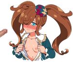  1boy 1girl ahoge aqua_headwear aqua_jacket argyle_hat blue_eyes blush bow braid breasts breasts_outside brown_hair brown_headwear censored cropped_torso crown_braid diamond-shaped_pupils diamond_(shape) embarrassed erection frilled_jacket hair_over_one_eye hat hat_bow hetero jacket kiratto_pri_chan long_bangs looking_at_penis mini_hat mosaic_censoring multicolored multicolored_clothes multicolored_headwear navel nijinosaki_dia nipples no_bra nose_blush open_clothes open_jacket opened_by_self out_of_frame penis pretty_(series) purple_bow purple_headwear raised_eyebrows simple_background sketch small_breasts solo_focus stomach symbol-shaped_pupils twintails white_background yoban 