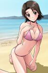  1girl artist_name barefoot beach bikini blue_sky blush breasts brown_eyes brown_hair cleavage closed_mouth collarbone eyebrows_visible_through_hair flipped_hair girls_und_panzer hand_on_own_chest kneeling matsui_yasutsugu mountainous_horizon navel ocean outdoors parted_hair pink_bikini sawa_azusa short_hair sky smile swimsuit thighs water waves 