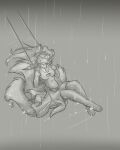  2021 anthro breasts canid canine cleavage_cutout clothed clothing dress eyes_closed female flinters fluffy fluffy_tail fox fur greyscale hair hi_res long_hair mammal monochrome outside raining solo swingset wet 