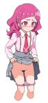  1girl bangs bar_censor bare_legs blunt_bangs blush censored collared_shirt cowboy_shot cropped_legs embarrassed empty_eyes frown grey_skirt hair_ornament hugtto!_precure l&#039;avenir_academy_uniform long_hair long_sleeves looking_to_the_side necktie nono_hana panties panty_pull pink_eyes pink_hair pink_neckwear pink_panties pink_shirt precure school_uniform shadow shirt simple_background skirt skirt_lift solo suspenders tearing_up underwear white_background white_stripes x_hair_ornament yoban 