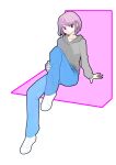  1girl bangs blue_pants casual closed_mouth collarbone ddolbang denim ears eyebrows_visible_through_hair eyelashes full_body hair_over_one_eye highres holding_leg hood hoodie jeans knee_up long_sleeves looking_at_viewer medium_hair original pants pink_eyes purple_hair shoes simple_background sitting sneakers solo sweatshirt swept_bangs white_background 