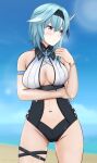  1girl absurdres arm_strap arm_under_breasts bangs bare_shoulders beach blue_hair blue_sky blurry blurry_background blush bracelet breasts brown_eyes cleavage cowboy_shot dated eula_(genshin_impact) genshin_impact hair_between_eyes hair_ornament hairband hand_up highres jewelry looking_to_the_side mabu medium_breasts medium_hair navel ocean outdoors signature sky solo standing swimsuit thigh_strap water 