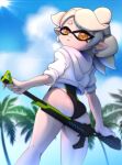  +_+ 1girl absurdres ass bow closed_mouth cloud deep_skin domino_mask earrings expressionless eyebrows_visible_through_hair from_below gun highres holding holding_gun holding_weapon idol jacket jacket_over_swimsuit jewelry light_rays looking_at_viewer marie_(splatoon) mask mole mole_under_eye one-piece_swimsuit outdoors palm_tree pointy_ears raised_eyebrows rifle short_hair skindentation sniper_rifle solo splatoon_(series) squid sunlight swimsuit tentacle_hair tobitobi90art tree weapon white_jacket 