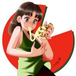  1girl bangs blush brown_hair cheese cheese_trail chutohampa eating food food_on_face green_eyes green_tank_top highres holding holding_food holding_pizza long_hair original pizza pizza_slice signature solo tank_top upper_body 