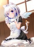  1girl absurdres alternate_costume amane_kanata angel angel_wings animal_ear_fluff animal_ears apron asymmetrical_bangs bangs black_dress blue_eyes blue_hair blush bob_cut broken_cup cat_ears cat_girl cat_tail colored_inner_hair dress enmaided feathered_wings frilled_apron frilled_dress frills gloves gradient gradient_eyes gradient_wings hair_intakes hair_over_one_eye highres hololive looking_at_viewer maid maid_apron mini_wings multicolored multicolored_eyes multicolored_hair multicolored_wings pantyhose paw_pose pink_hair puffy_short_sleeves puffy_sleeves purple_eyes reflective_eyes seiza short_dress short_hair short_sleeves silver_hair sitting solo streaked_hair tail tail_ornament tearing_up virtual_youtuber white_apron white_gloves white_legwear white_wings wings yukikawa_sara 