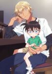 2boys amuro_tooru bangs black-framed_eyewear black_shirt blonde_hair blue_eyes blue_pants blurry blush brown_hair brown_shorts casual chair child closed_mouth commentary_request depth_of_field drawstring drinking_straw edogawa_conan elbow_rest feet_out_of_frame fingernails glass glasses green_hoodie hair_between_eyes hand_on_another&#039;s_hand hand_on_own_face hand_up head_tilt height_difference highres hood hood_down hoodie ice ice_cube indoors k_(gear_labo) long_sleeves looking_at_another male_focus meitantei_conan multiple_boys on_chair pants red_footwear shadow shirt shoes short_hair short_over_long_sleeves short_sleeves shorts sitting sitting_on_lap sitting_on_person smile sneakers socks table white_legwear white_shirt 
