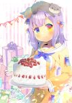  1girl animal animal_on_head animal_request bangs blue_eyes blue_neckwear blush box breasts brown_eyes cake character_request closed_mouth dress eyebrows_visible_through_hair food fruit gift gift_box heterochromia holding holding_plate indie_virtual_youtuber kouu_hiyoyo long_sleeves looking_at_viewer medium_breasts on_head pennant plate puffy_long_sleeves puffy_sleeves purple_hair sailor_collar sailor_dress sleeves_past_wrists smile solo strawberry string_of_flags striped striped_background vertical_stripes white_sailor_collar yellow_dress yellow_eyes 
