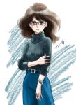  1girl bangs belt black_shirt blue_pants blush brown_eyes brown_hair chutohampa cowboy_shot eyebrows_visible_through_hair glasses hand_up long_hair long_sleeves original pants parted_lips shirt signature solo turtleneck watch white_background wristwatch 