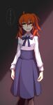  1girl ahoge arms_at_sides artoria_pendragon_(all) blue_ribbon blue_skirt commentary cosplay fate/grand_order fate/stay_night fate_(series) fujimaru_ritsuka_(female) hair_between_eyes high-waist_skirt highres looking_at_viewer neck_ribbon orange_eyes orange_hair pantyhose ribbon saber saber_(cosplay) scrunchie shaded_face shirt short_hair side_ponytail skirt smile solo takenoko_(haruharu) translated white_shirt yellow_scrunchie 