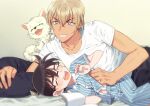  2boys :d ^_^ amuro_tooru animal bangs black-framed_eyewear blonde_hair blue_eyes blue_pajamas blurry blush book brown_hair buttons casual child closed_eyes collarbone commentary_request depth_of_field dog edogawa_conan fangs fingernails glasses grey_background grin hair_between_eyes happy haro_(meitantei_conan) height_difference k_(gear_labo) laughing looking_at_another lying male_focus meitantei_conan midriff_peek multiple_boys on_bed on_side open_book open_mouth pajamas shirt short_hair short_sleeves simple_background smile striped striped_pajamas tearing_up teeth tickling upper_teeth vertical_stripes white_dog white_shirt 