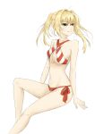  1girl absurdres ahoge arm_support bikini blonde_hair breasts cleavage fate/grand_order fate_(series) green_eyes groin hair_intakes highres invisible_chair long_hair looking_to_the_side medium_breasts nero_claudius_(fate) nero_claudius_(fate)_(all) nero_claudius_(swimsuit_caster)_(fate) side-tie_bikini sitting smile solo striped striped_swimsuit swimsuit swimwear takehara_haru thighs twintails white_background 