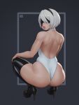 1girl absurdres ass bare_arms black_blindfold black_footwear black_hairband blindfold boots hairband high_heel_boots high_heels highleg highleg_leotard highres leotard lips looking_back mole mole_under_mouth nier_(series) nier_automata riz short_hair shoulder_blades silver_hair solo squatting thigh_boots thighhighs white_leotard yorha_no._2_type_b 