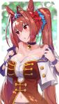  1girl animal_ears bow breasts brown_hair choker cleavage collarbone daiwa_scarlet hair_bow hair_intakes hair_ornament highres horse_ears horse_girl large_breasts long_hair looking_away navel off_shoulder red_eyes sweat sweatdrop twintails umamusume very_long_hair yuuzuki_(re&#039;ef) 