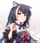  1girl :t animal_ears baileys_(tranquillity650) black_hair cat_ears closed_mouth detached_sleeves gradient gradient_background green_eyes grey_background highres karyl_(princess_connect!) long_hair looking_at_viewer low_twintails multicolored_hair pout princess_connect! princess_connect!_re:dive solo streaked_hair twintails upper_body white_hair 