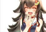  1girl :3 animal_ear_fluff animal_ears bangs black_hair blush breasts choker chromatic_aberration eyebrows_visible_through_hair flipped_hair hair_between_eyes hair_ornament hololive kouhaku_nawa laughing long_hair multicolored_hair neckerchief ookami_mio open_mouth red_hair sailor_collar sailor_shirt shirt sleeveless smile solo streaked_hair teardrop very_long_hair virtual_youtuber white_background wolf_ears wolf_girl yamada_(iroha97151188) 