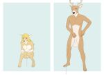  9x9 abs animal_genitalia anthro antlers balls big_balls bodily_fluids breasts cervid cervine crouching duo female genital_fluids genitals hair horn long_hair male mammal nipples nude pecs peeing penis pussy sheath simple_background solo_focus standing urine 