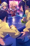  4girls air_hockey arcade bangs bikini black_hair blue_bikini blue_eyes blush breasts chloe_von_einzbern cis05 collared_shirt dark_skin dark_skinned_female dual_persona fate/grand_order fate/kaleid_liner_prisma_illya fate_(series) grin hair_between_eyes hair_bun half_updo homurahara_academy_uniform illyasviel_von_einzbern jacket long_hair long_sleeves medium_breasts multiple_girls neck_ribbon open_mouth orange_eyes parted_bangs pink_hair puffy_short_sleeves puffy_sleeves red_eyes red_ribbon ribbon shirt short_sleeves side_bun side_ponytail sidelocks small_breasts smile swimsuit ushiwakamaru_(fate) ushiwakamaru_(swimsuit_assassin)_(fate) very_long_hair white_hair white_shirt yellow_jacket 