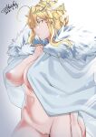  1girl absurdres areola_slip areolae artoria_pendragon_(all) artoria_pendragon_(lancer)_(fate) blonde_hair braid breasts cape crown fate/grand_order fate_(series) french_braid fur-trimmed_cape fur_trim green_eyes hair_between_eyes highres large_breasts light_rays long_hair looking_to_the_side love-saber naked_cape pussy sidelocks white_cape 
