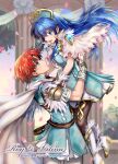  1boy 1girl :d armor bangs belt black_legwear blue_dress blue_eyes blue_hair blue_tunic boots brown_belt cape capelet character_name commentary_request cowboy_shot dress eyebrows_visible_through_hair fingerless_gloves fire_emblem fire_emblem:_the_binding_blade gloves headband headdress highres lilina_(fire_emblem) long_hair looking_at_another looking_up mintes open_mouth pantyhose pauldrons petals red_hair roy_(fire_emblem) short_dress short_sleeves shoulder_armor smile standing tunic white_cape white_capelet white_footwear white_gloves 