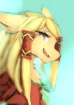  2021 accessory anthro blonde_hair blue_background brown_nose canid canine clothed clothing cute_fangs depth_of_field female fox fur hair hair_accessory hair_tubes half-closed_eyes kameloh kemono long_hair looking_at_viewer mammal narrowed_eyes open_mouth open_smile red_eyes simple_background smile solo tongue yellow_body yellow_fur 