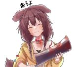  1girl animal_ears blood blood_on_face bloody_weapon braid brown_hair cleaver closed_eyes collar dog_ears dog_girl dog_tail dress hololive inugami_korone jacket long_hair low_twin_braids ralf simple_background smile solo tail twin_braids twintails upper_body virtual_youtuber weapon white_background white_dress yellow_jacket 